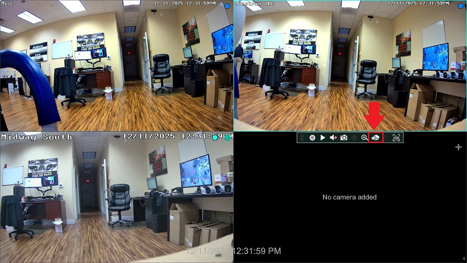 Viewtron NVR live view with Image Adjust camera icon highlighted on an LPR camera