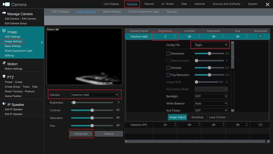 Viewtron NVR Image Settings Advanced night brightness set to 3 for an LPR camera