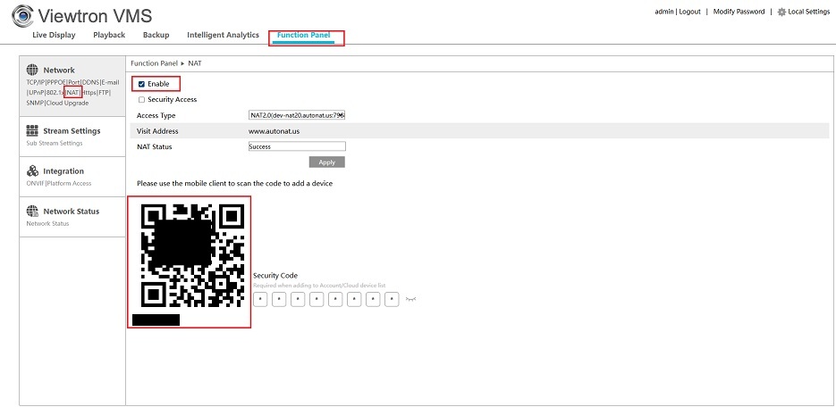 Viewtron DVR or NVR web UI NAT page showing SuperLive Plus QR code