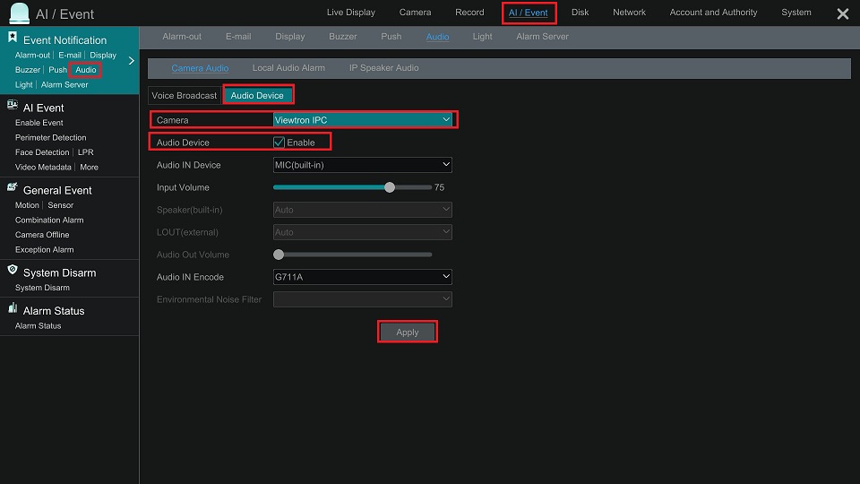 Viewtron NVR AI Event Audio Device tab with Enable checkbox and Apply highlighted