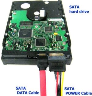 SATA hard drive showing the SATA data cable and SATA power cable connected
