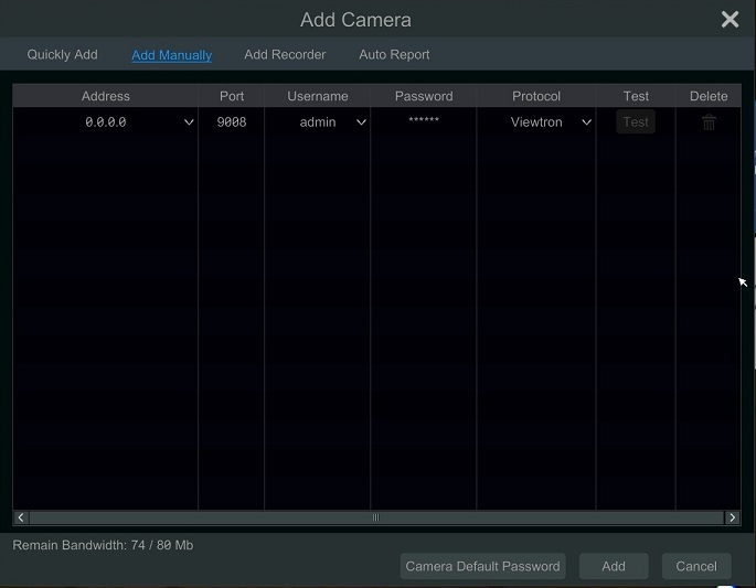 Viewtron NVR manually add Reolink camera via ONVIF port 80