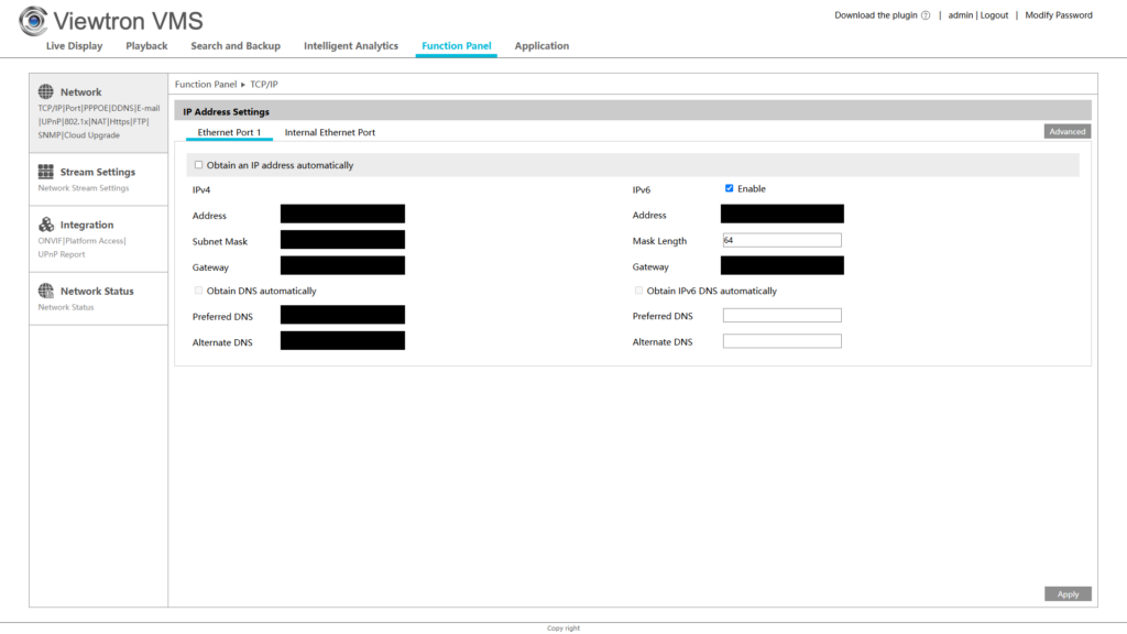 Viewtron NVR web interface Network TCP/IP settings page