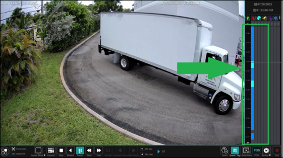 Viewtron playback timeline with turquoise AI event flag on recorded video