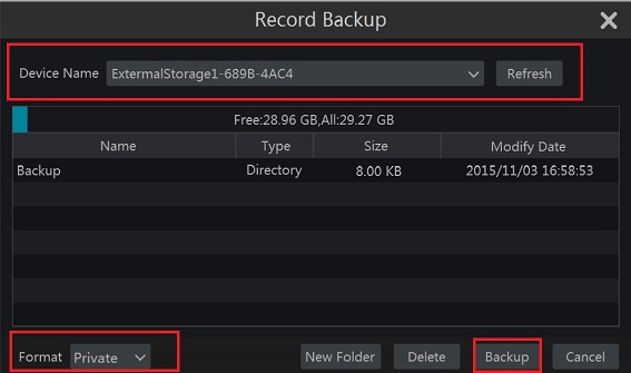 Viewtron Record Backup window with Device Name, Format, and Backup highlighted