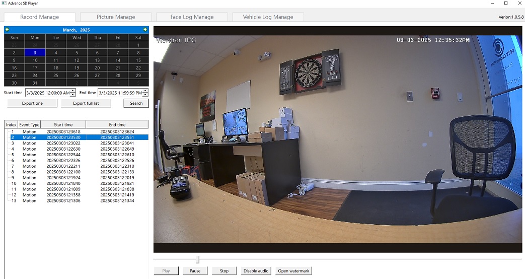 Viewtron Advance SD Player playing motion video from an IP camera micro SD card on Windows