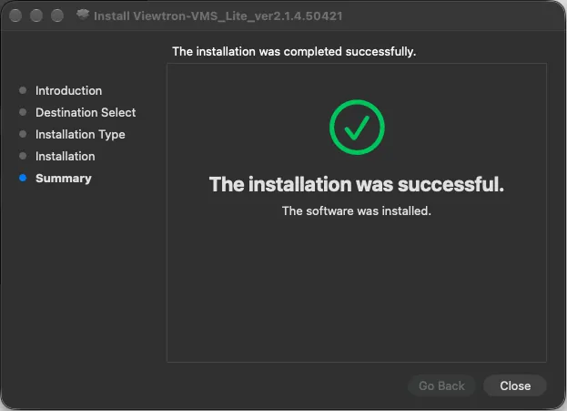 Mac installer Summary page saying The installation was successful