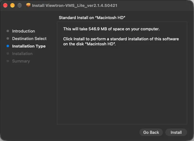 Mac installer Installation Type page showing Standard Install on Macintosh HD and the Install button