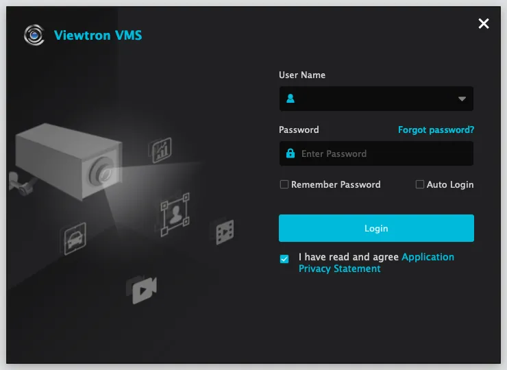 Viewtron VMS login window with the Application Privacy Statement box checked