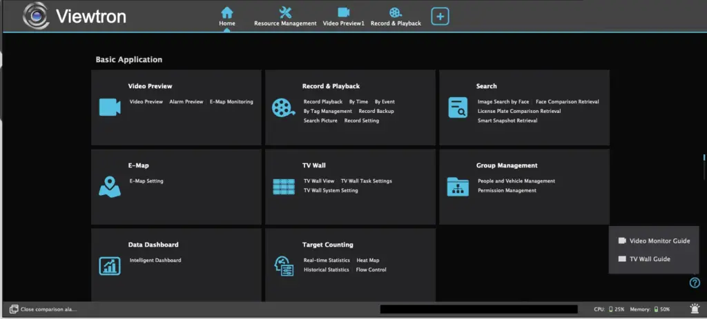 Viewtron VMS main window Home page after the Quick Configuration Wizard, with no devices added yet