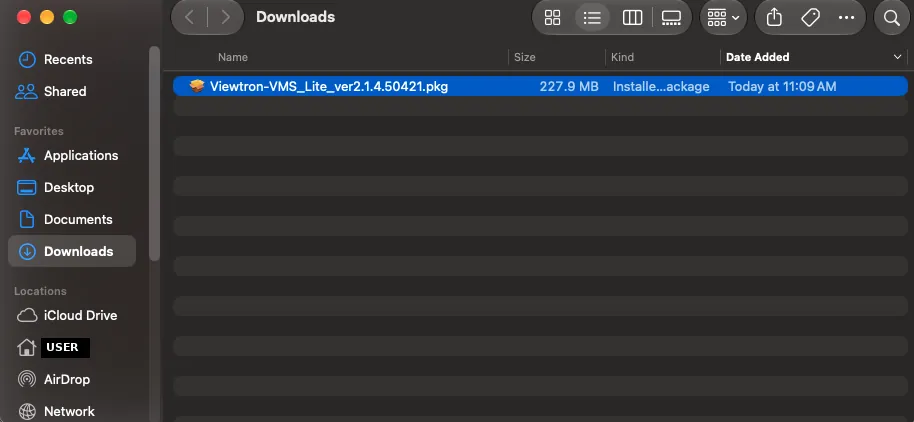 Viewtron VMS Lite installer package selected in the Mac Downloads folder in Finder
