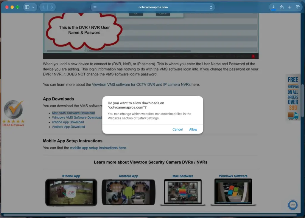 Safari asks to allow downloads from cctvcamerapros.com for the Mac VMS software