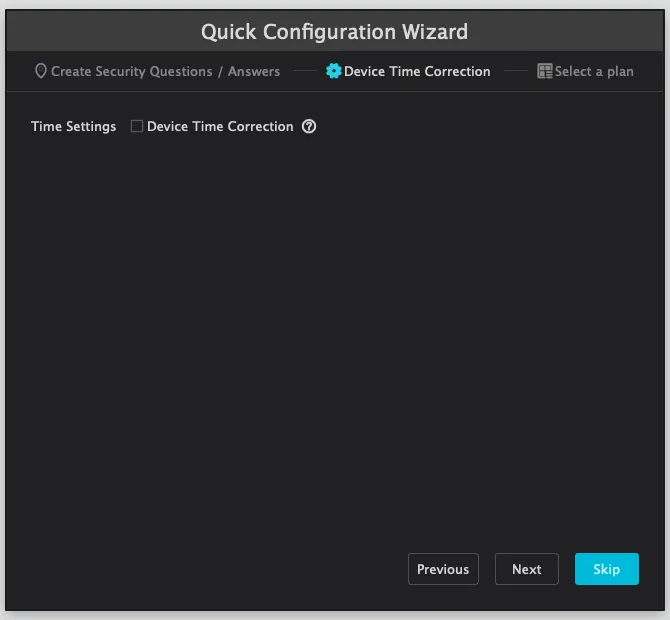 Quick Configuration Wizard Time Settings page with Device Time Correction unchecked