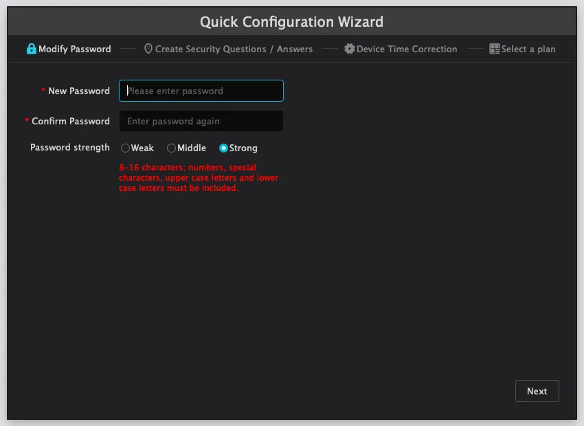 Viewtron VMS Quick Configuration Wizard Modify Password page with Weak, Middle and Strong password strength