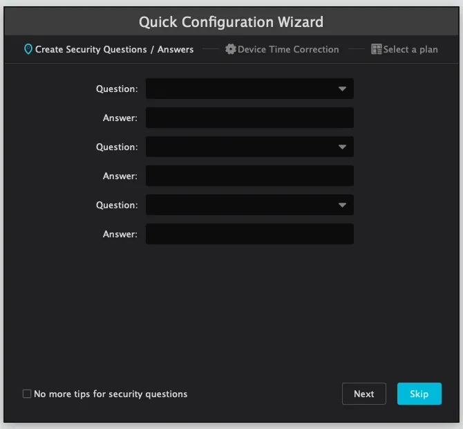 Quick Configuration Wizard security questions page with Next and Skip buttons