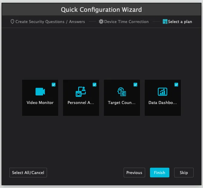 Quick Configuration Wizard Select a plan page with Video Monitor, Personnel, Target Counting and Data Dashboard selected