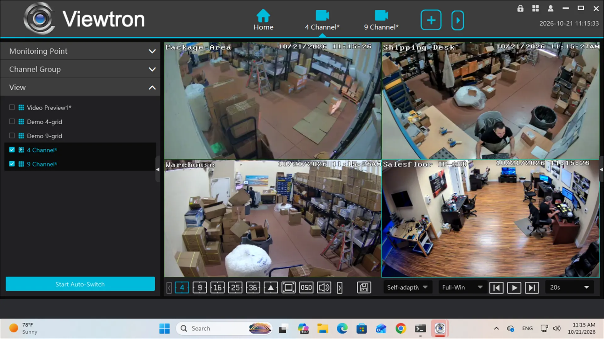 Viewtron VMS for Windows Video Preview with Auto-Switch paused, play triangle showing