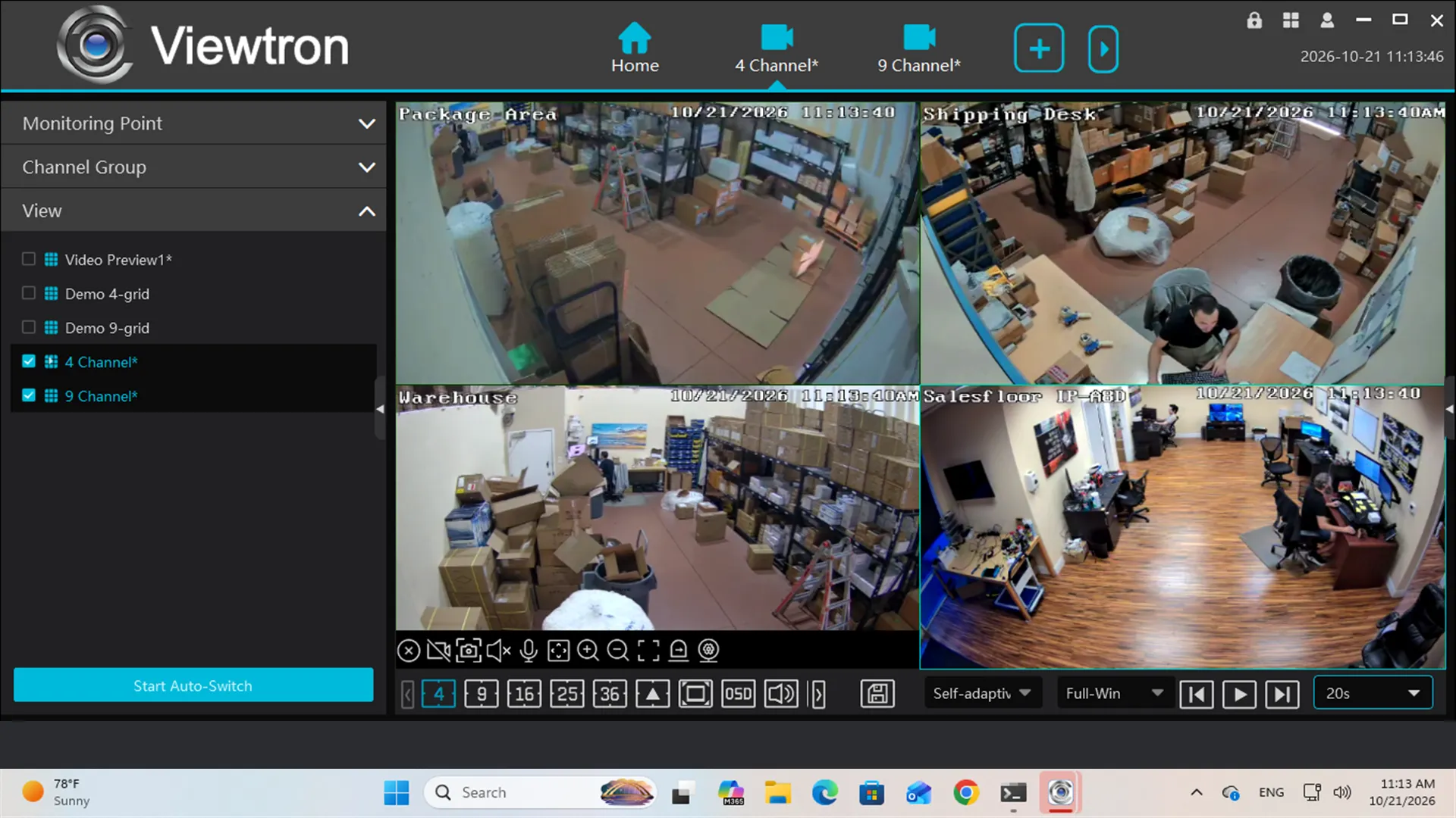 Viewtron VMS for Windows View list with two views ticked and the Start Auto-Switch button