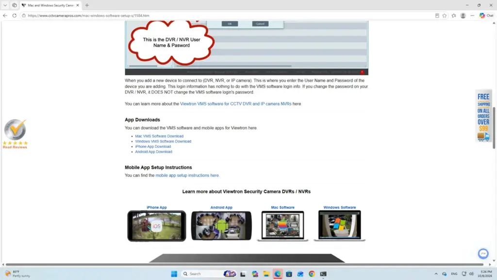 Windows VMS Software Download and Mac VMS Software Download links on the CCTV Camera Pros Mac and Windows software setup page