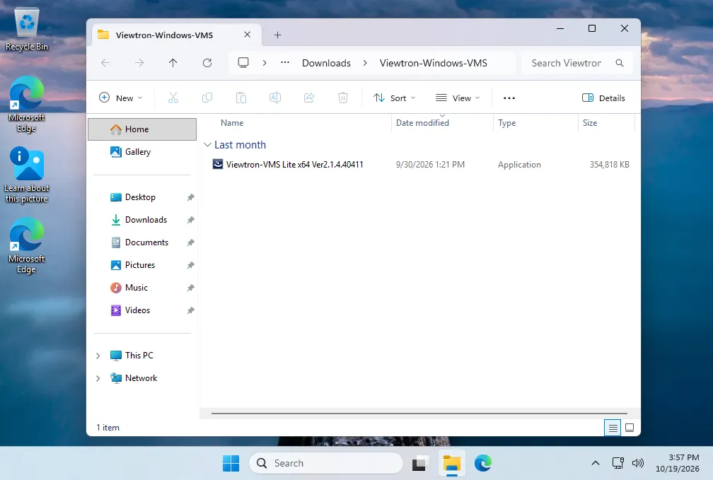 Viewtron-Windows-VMS folder in Downloads showing the Viewtron-VMS Lite x64 installer application