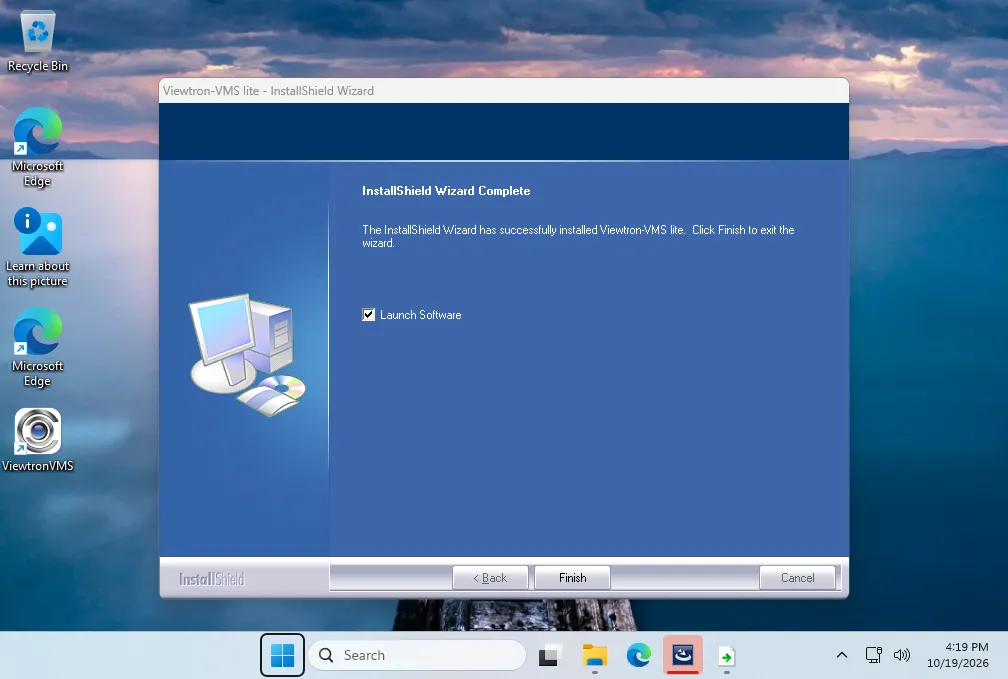 InstallShield Wizard Complete page with Launch Software checked and the Finish button