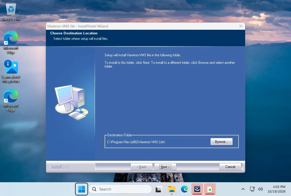 InstallShield Choose Destination Location page with the default Viewtron VMS Lite folder under Program Files x86 and the Next button