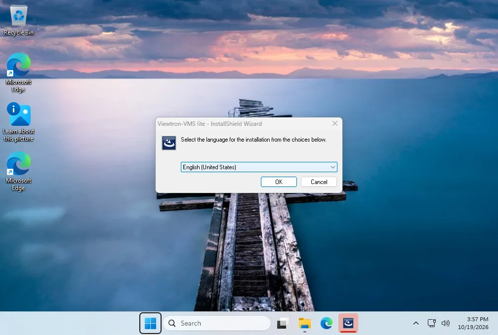 Viewtron VMS InstallShield Wizard language selection set to English United States with the OK button