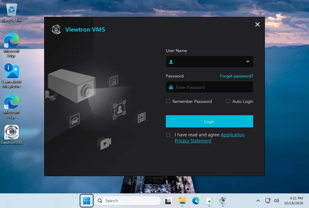 Viewtron VMS login window on Windows 11 with User Name, Password, Remember Password, Auto Login and the privacy statement box