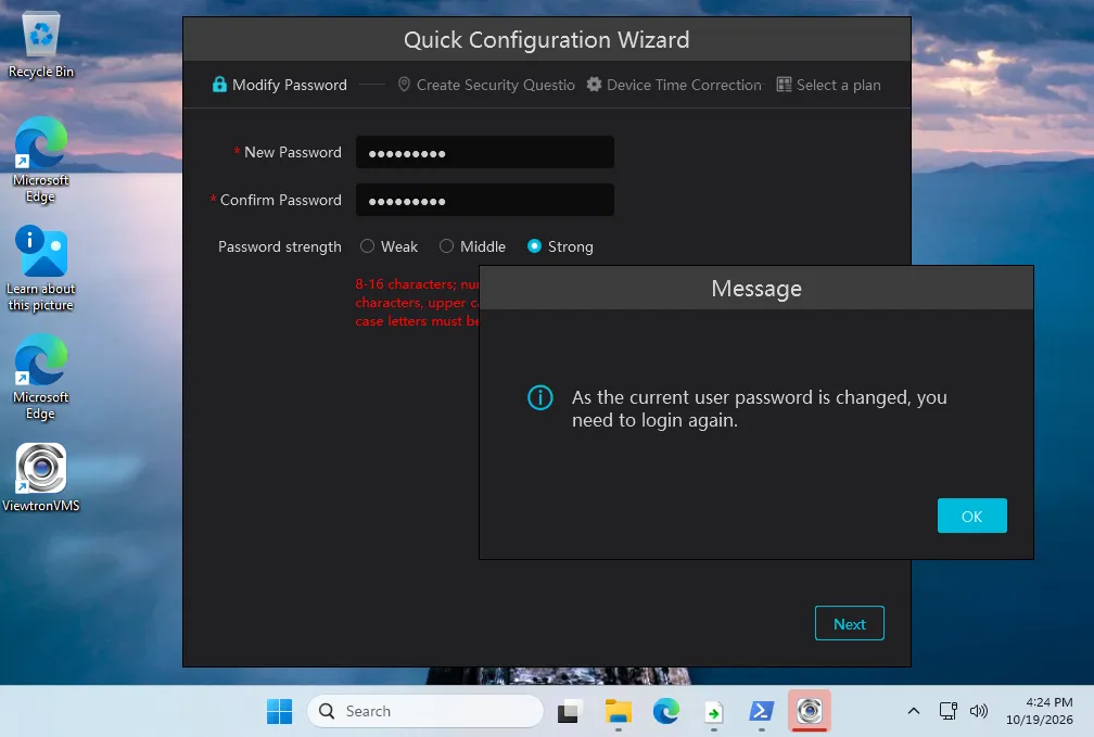 Viewtron VMS message As the current user password is changed, you need to login again, with the OK button
