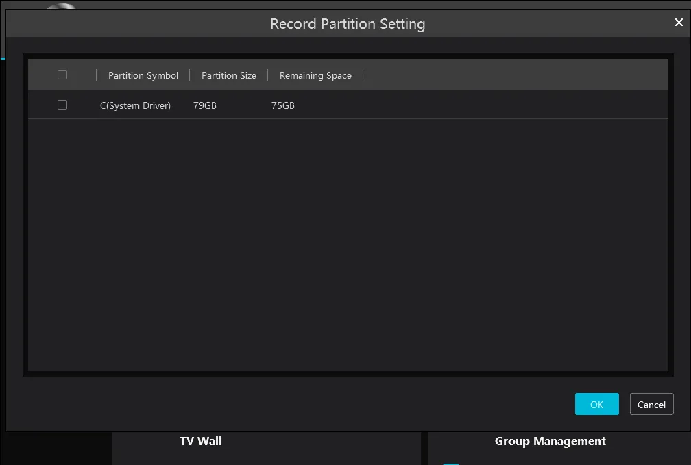 Viewtron VMS Record Partition Setting window on Windows listing drive C with the OK and Cancel buttons