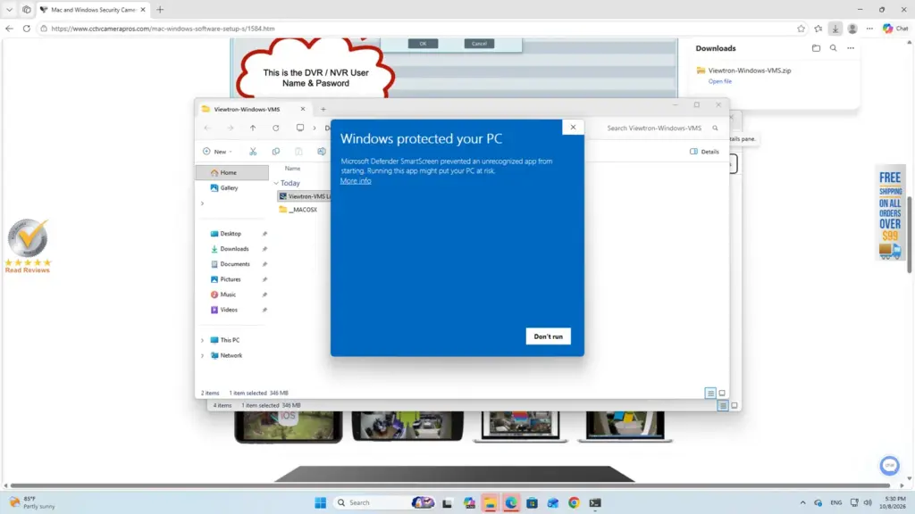 Windows protected your PC SmartScreen message when running the Viewtron VMS installer