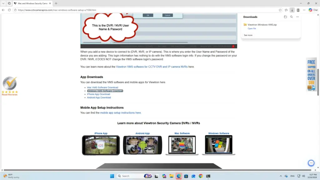 Viewtron-Windows-VMS.zip download finished in the Microsoft Edge downloads panel