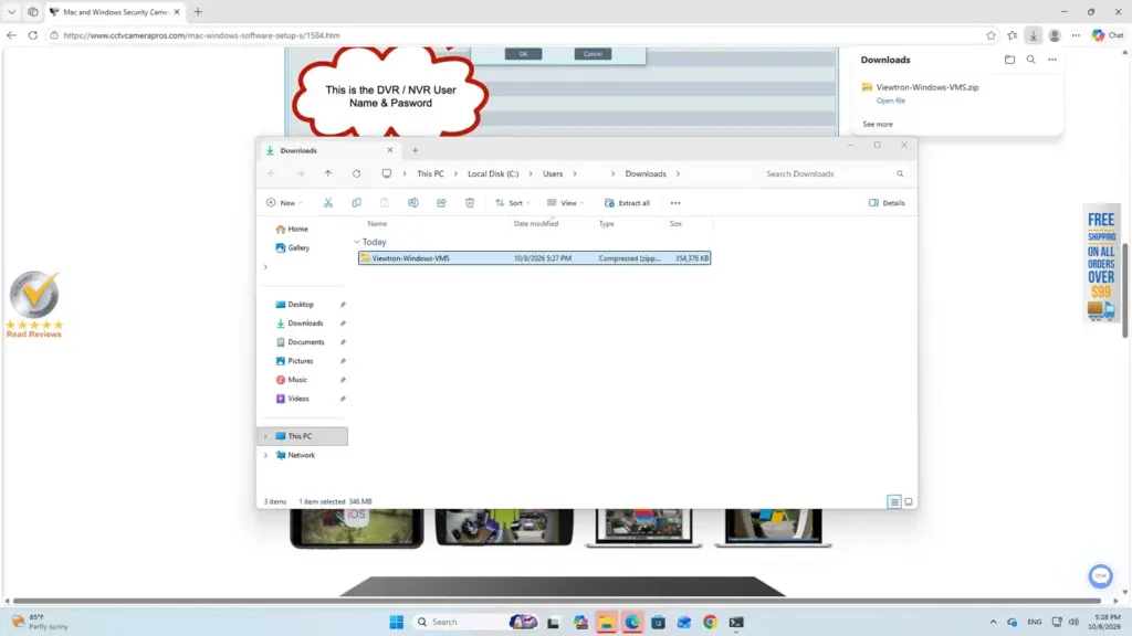 Viewtron Windows VMS zip file in the Windows 11 Downloads folder with Extract all on the toolbar