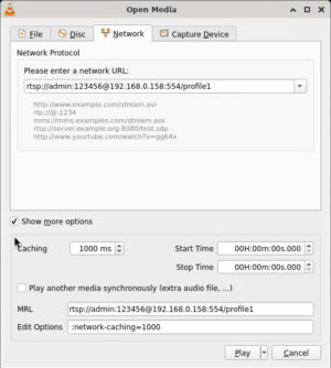 VLC Open Network Stream with Show more options and network caching for RTSP IP camera stream